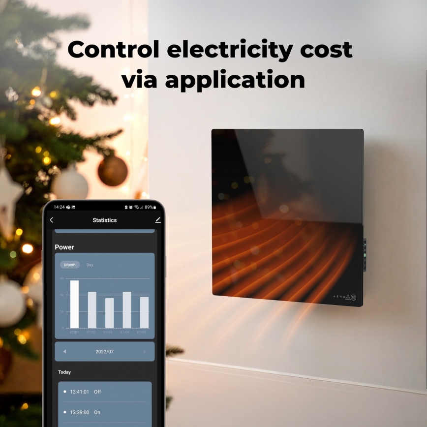 AENO - Έξυπνο ηλεκτρικό υπέρυθρο θερμαντικό πάνελ 500W με χρονοδιακόπτη/θερμοστάτη, Wi‑Fi, μαύρο