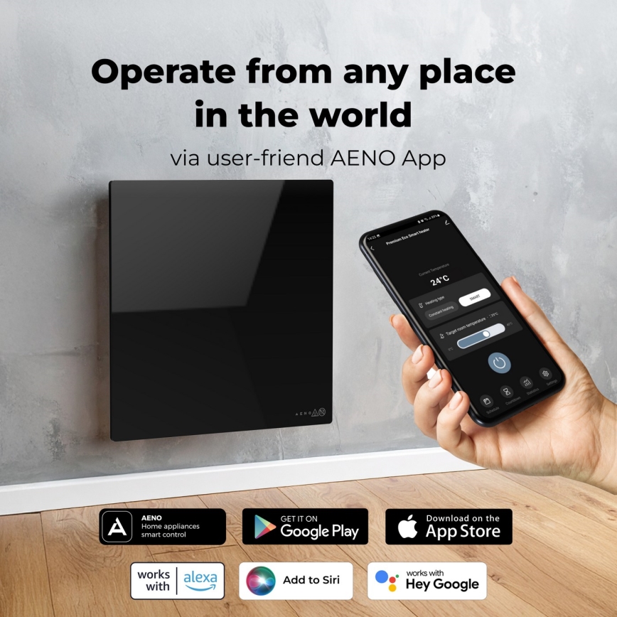 AENO - Έξυπνο ηλεκτρικό υπέρυθρο θερμαντικό πάνελ 500W με χρονοδιακόπτη/θερμοστάτη, Wi‑Fi, μαύρο