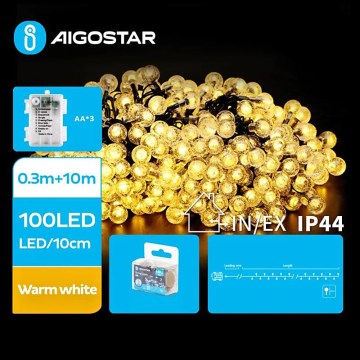 Aigostar - Αλυσίδα εξωτερικού χώρου LED 100xLED/3xAA/8 λειτουργίες 10,3 m IP44 θερμό λευκό