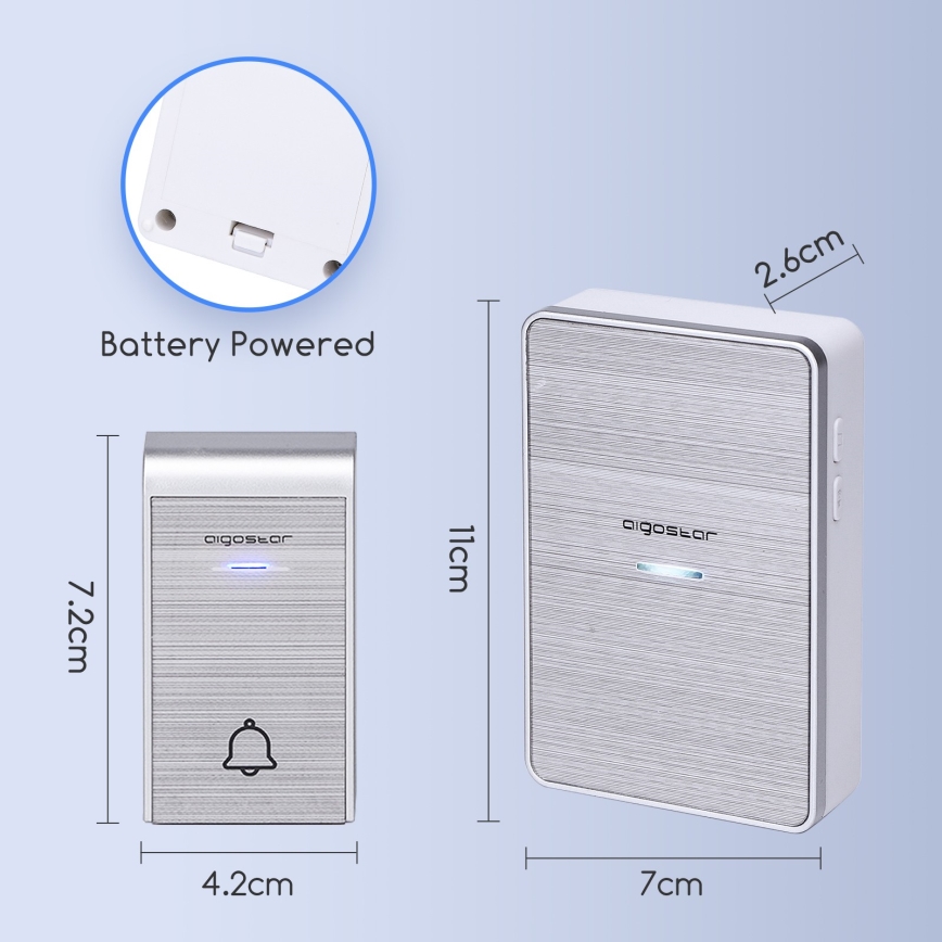 Aigostar - Ασύρματο κουδούνι 3xAA/12V IP44 ασημί