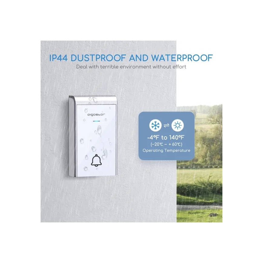 Aigostar - Ασύρματο κουδούνι 3xAA/12V IP44 λευκό/ασημί