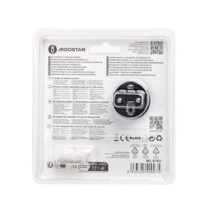Aigostar - Ασύρματο κουδούνι πόρτας 1Z 230V IPX4 μαύρο