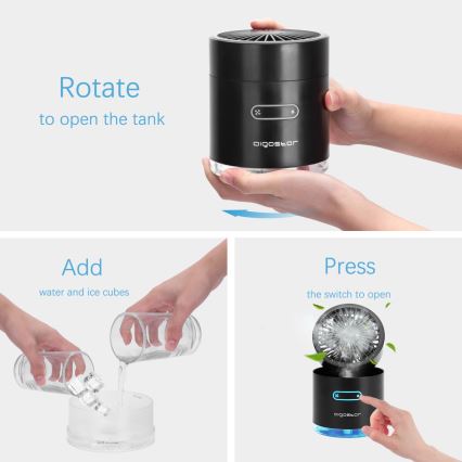 Aigostar - Ασύρματος μίνι επιτραπέζιος ανεμιστήρας RGB με εφέ ομίχλης MIST 10W/5V 2000mAh μαύρος