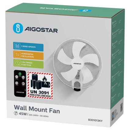 Aigostar -  Ανεμιστήρας τοίχου 45W/230V λευκό + τηλεχειριστήριο