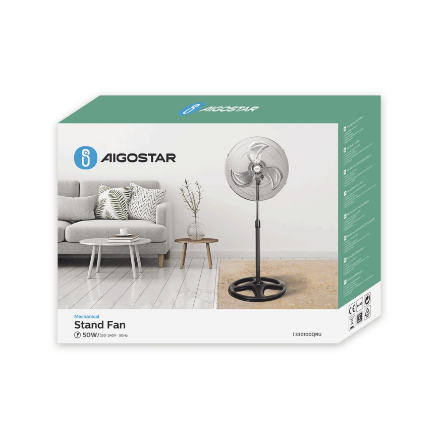 Aigostar - Ανεμιστήρας Ορθοστάτης 50W/230V γυαλιστερό χρώμιο/μαύρο
