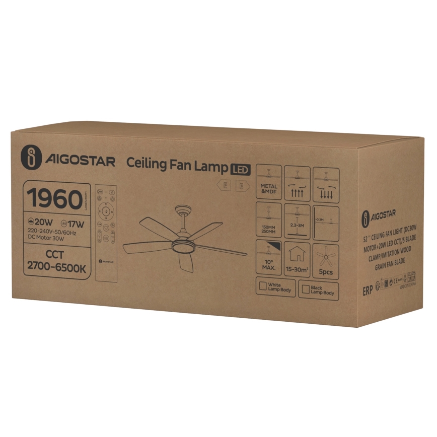 Aigostar - Ανεμιστήρας οροφής LED Dimmable LED/20W/230V 2700-6500K 132cm λευκό/μπεζ + τηλεχειριστήριο