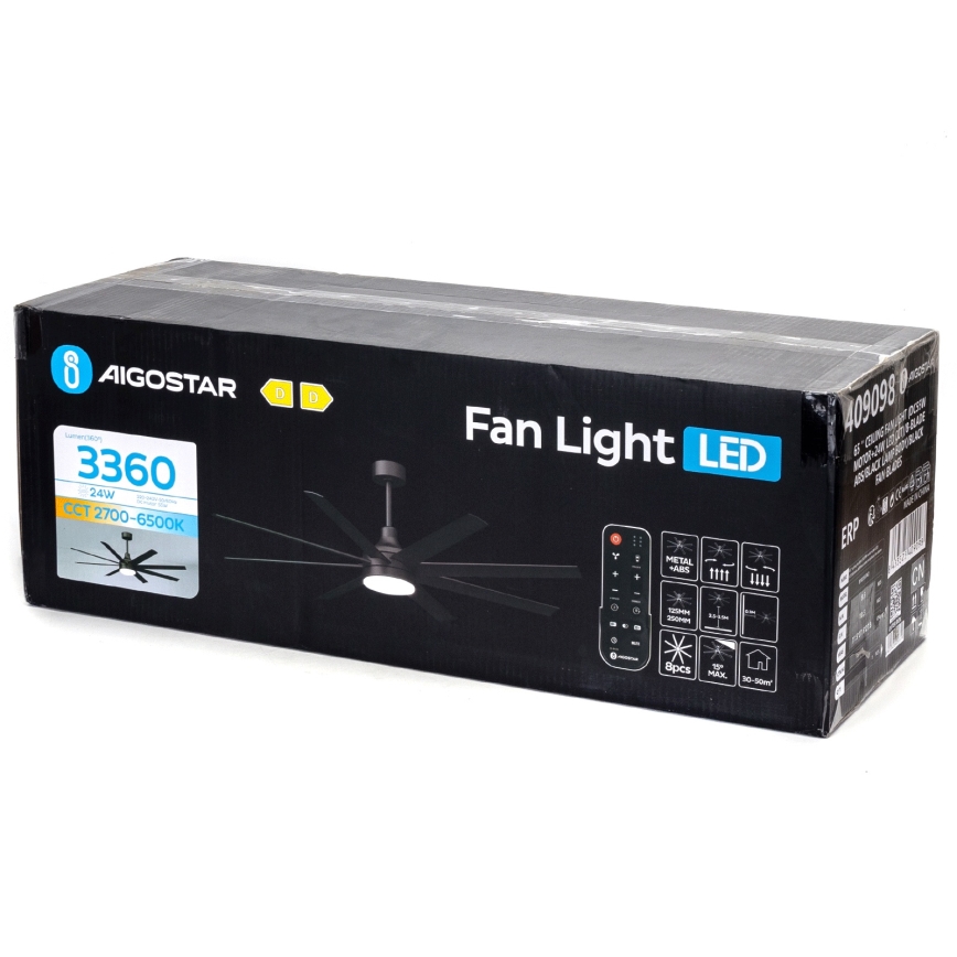 Aigostar - Ανεμιστήρας οροφής LED Dimmable LED/24W/230V 2700-6500K 165cm μαύρο + τηλεχειριστήριο