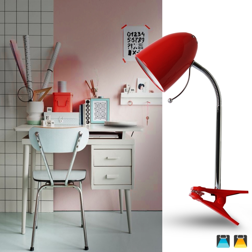 Aigostar - Eπιτραπέζια λάμπα με κλιπ 1xE27/11W/230V κόκκινο/γυαλιστερό χρώμιο