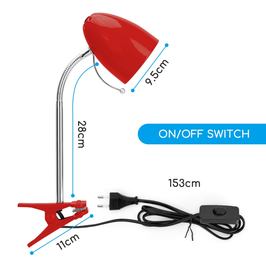 Aigostar - Eπιτραπέζια λάμπα με κλιπ 1xE27/11W/230V κόκκινο/γυαλιστερό χρώμιο