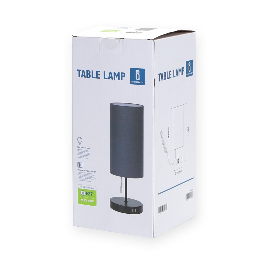 Aigostar - Eπιτραπέζιο φωτιστικό με θύρα USB 1xE27/40W/230V μαύρο