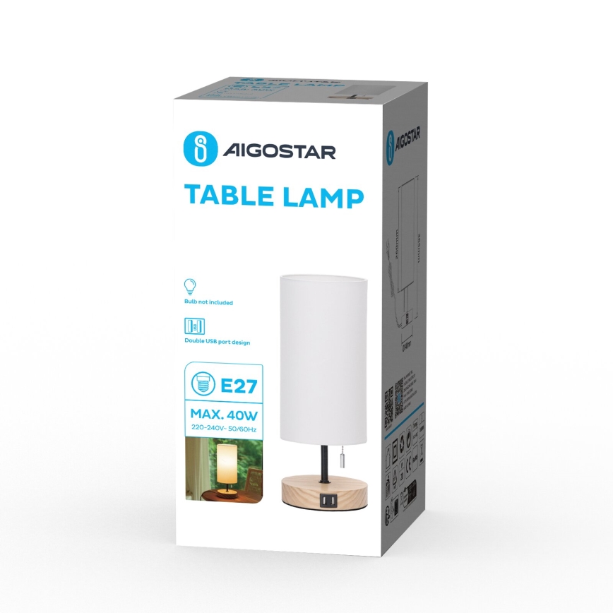 Aigostar - Eπιτραπέζιο φωτιστικό με θύρα USB 1xE27/40W/230V μπεζ