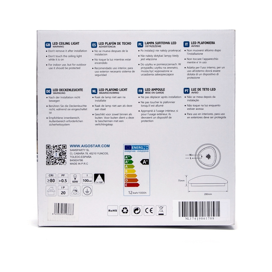 Aigostar - Φωτιστικό οροφής LED με αισθητήρα, 12W/230V, 3000K, Ø 28 εκ.