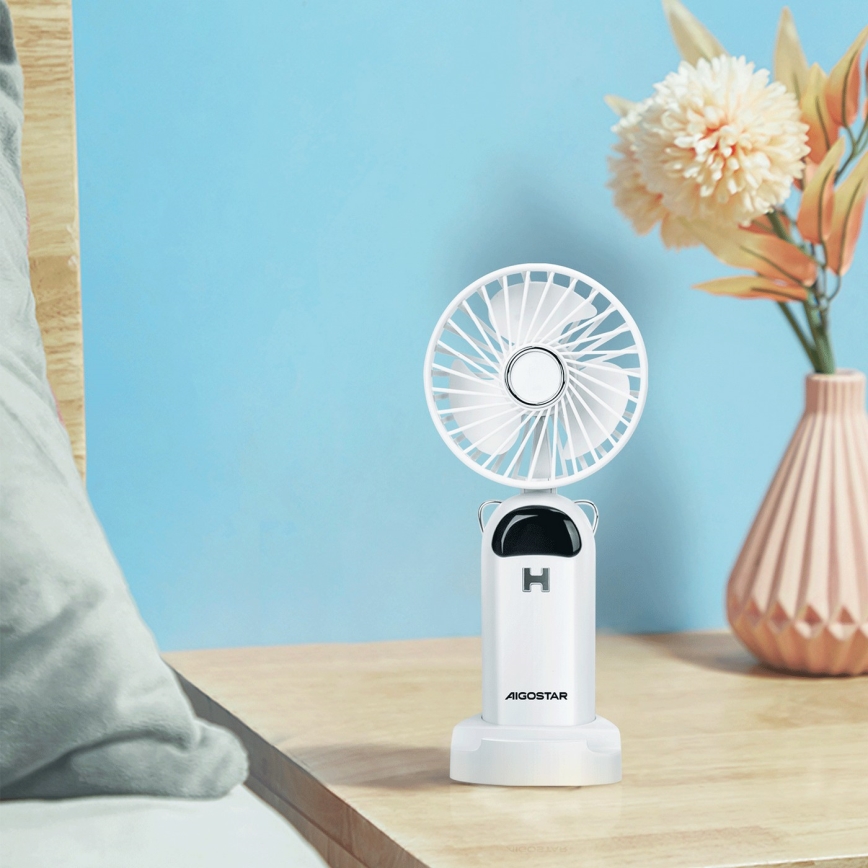 Aigostar - Φορητός επαναφορτιζόμενος ανεμιστήρας 4W/5V 1200mAh λευκός