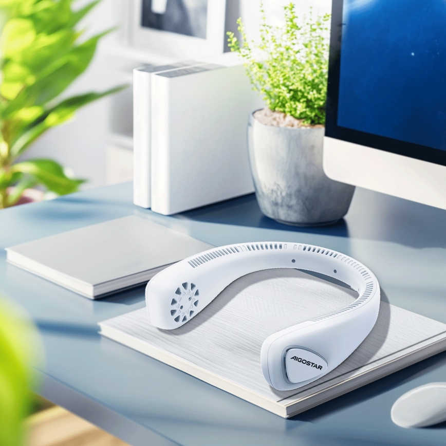 Aigostar - Φορητός ανεμιστήρας λαιμού με επαναφορτιζόμενη μπαταρία 4W/5V 2000mAh λευκός