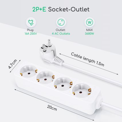 Aigostar - Καλώδιο προέκτασης 4Z Type F 1,5m λευκό SCHUKO