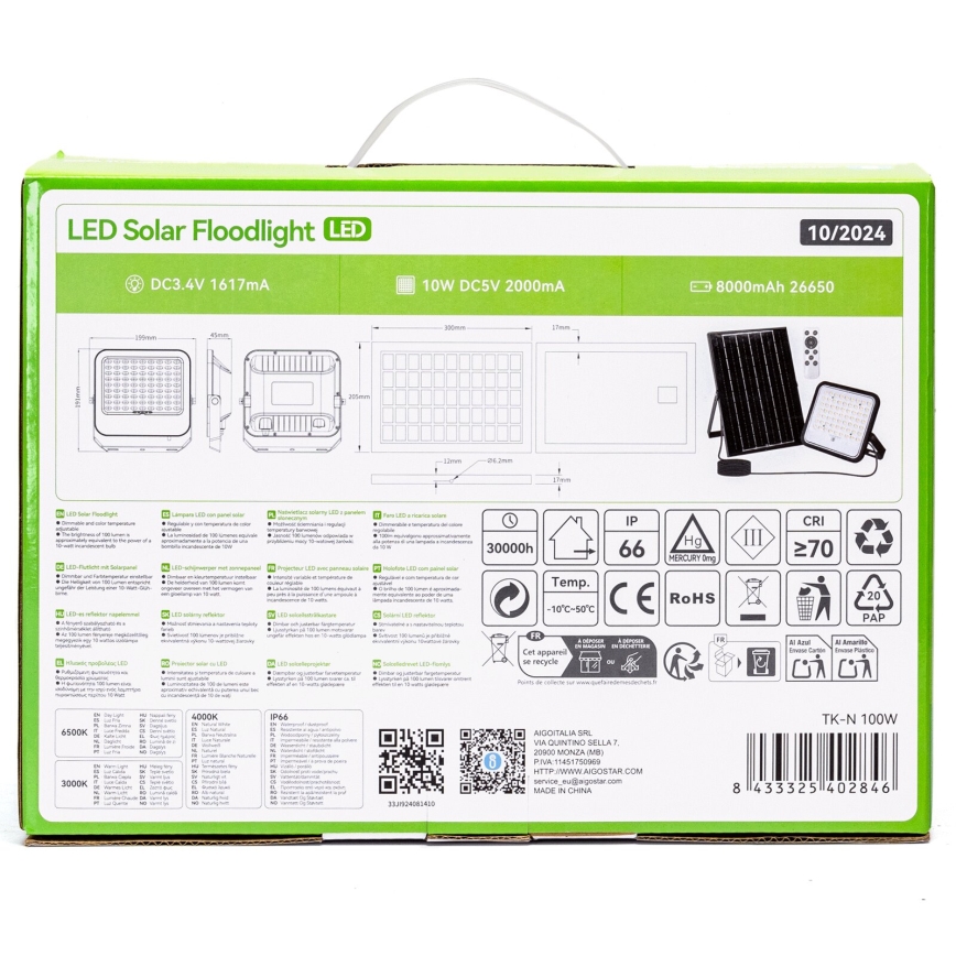 Aigostar - LED ρυθμιζόμενος ηλιακός προβολέας LED/100W/3,4V 3000/4000/6500K IP66 8000 mAh + τηλεχειριστήριο