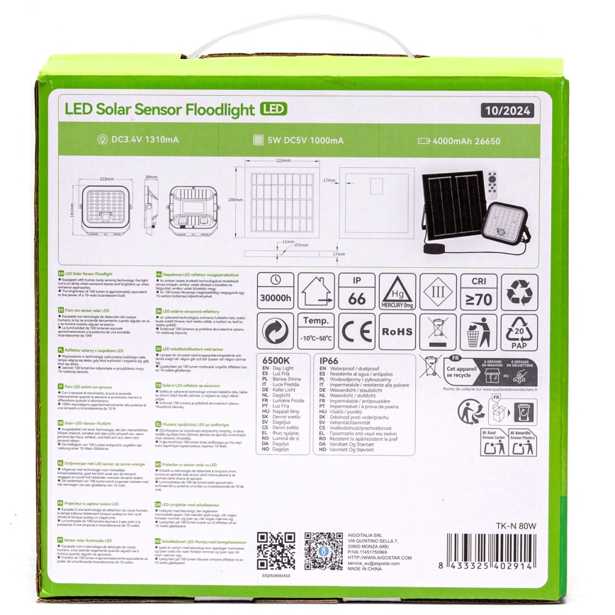 Aigostar - Ρυθμιζόμενος ηλιακός προβολέας LED με αισθητήρα LED/80W/3,4V 6500K IP66 4000 mAh + τηλεχειριστήριο