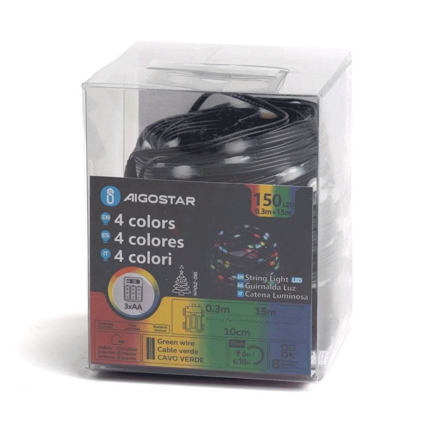 Aigostar - LED αλυσίδα εξωτερικού χώρου 150xLED, 8 λειτουργίες, 3xAA, 15,3m, IP44, πολύχρωμη