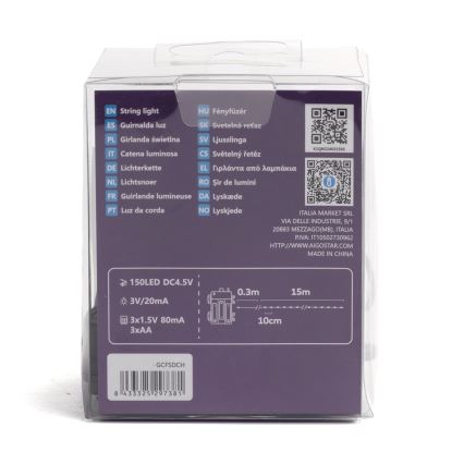 Aigostar - LED αλυσίδα εξωτερικού χώρου 150xLED, 8 λειτουργίες, 3xAA, 15,3m, IP44, πολύχρωμη