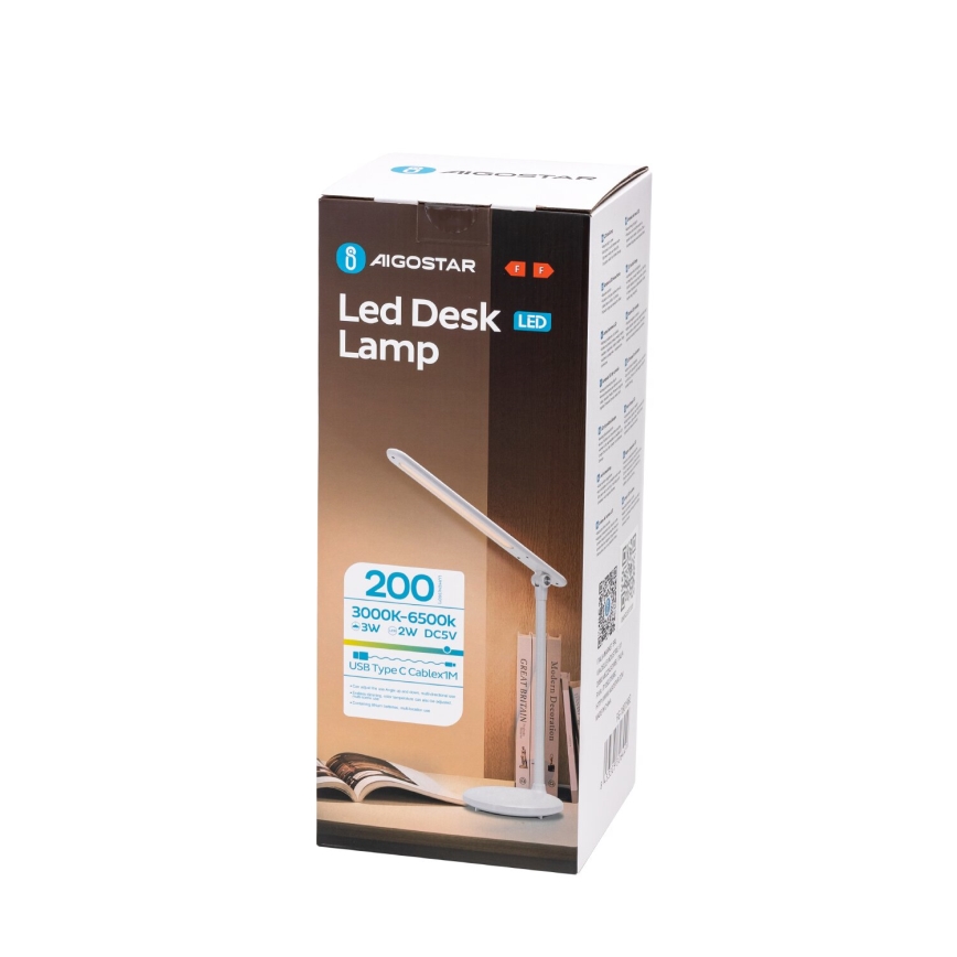 Aigostar - LED Dimmable επαναφορτιζόμενο επιτραπέζιο φωτιστικό αφής LED/3W/5V 1200mAh 3000/4000/6500K