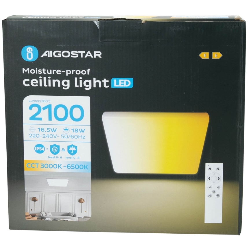 Aigostar - Ρυθμιζόμενο LED φωτιστικό οροφής μπάνιου LED/18W/230V 3000K-6500K IP54 + τηλεχειριστήριο