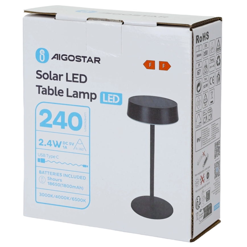 Aigostar - Ηλιακή λάμπα LED/2,4W/5V IP44 1800 mAh