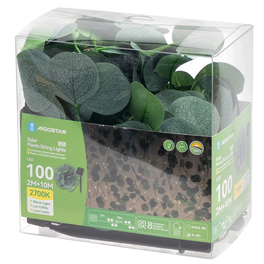 Aigostar - LED Ηλιακή Γιρλάντα 100xLED/12μ IP65 300 mAh ζεστό λευκό ευκάλυπτος