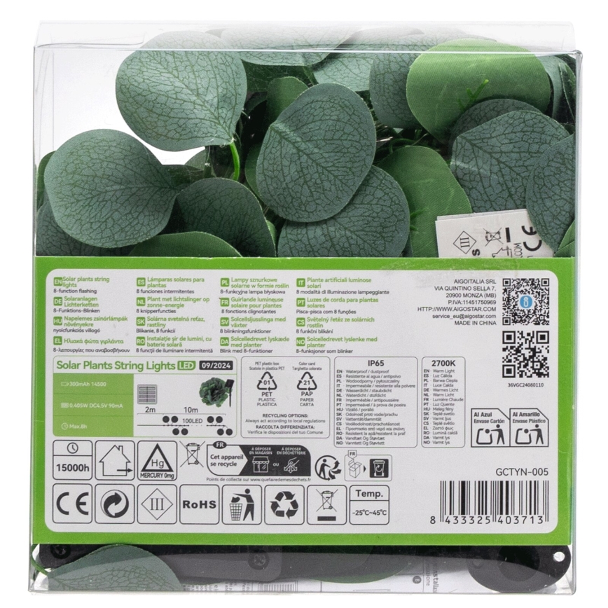 Aigostar - LED Ηλιακή Γιρλάντα 100xLED/12μ IP65 300 mAh ζεστό λευκό ευκάλυπτος