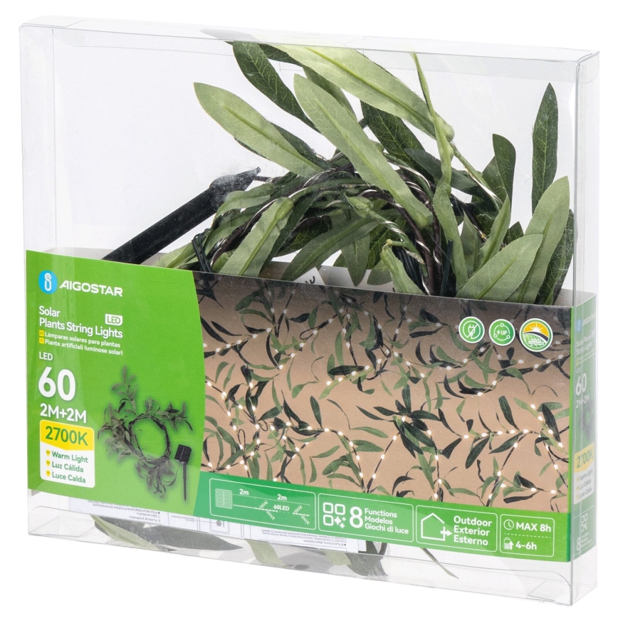 Aigostar - LED Ηλιακή σειρά 60xLED/4m IP65 300 mAh ζεστό λευκό ελιά