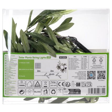 Aigostar - LED Ηλιακή σειρά 60xLED/4m IP65 300 mAh ζεστό λευκό ελιά