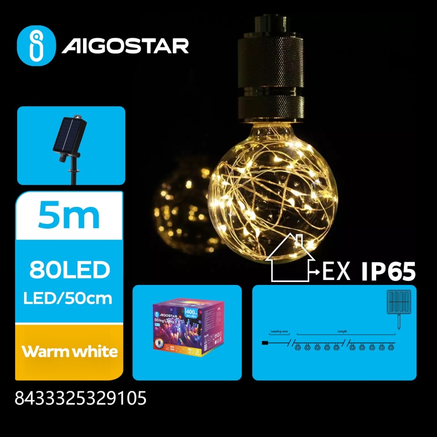 Aigostar - LED Ηλιακή Χριστουγεννιάτικη Γιρλάντα 10xLED/8 λειτουργίες 6,5μ IP65 500 mAh ζεστό λευκό
