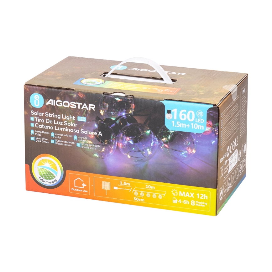 Aigostar - LED Ηλιακή χριστουγεννιάτικη γιρλάντα 20xLED/8 λειτουργίες 11,5m IP65 πολύχρωμη