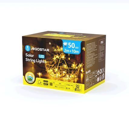 Aigostar - LED Ηλιακή χριστουγεννιάτικη γιρλάντα 50xLED/8 λειτουργίες 12m 800mAh IP65 θερμό λευκό