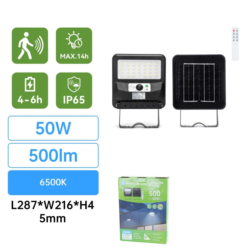Aigostar - LED ηλιακό φωτιστικό δρόμου με αισθητήρα LED/50W/3,2V 1000mAh 6500K + τηλεχειριστήριο