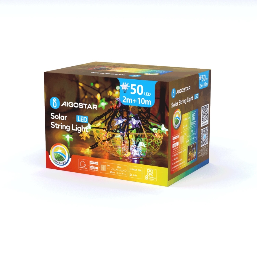 Aigostar - LED Ηλιακή Χριστουγεννιάτικη Γιρλάντα 50xLED/8 λειτουργίες 800 mAh 12μ IP65 πολύχρωμη