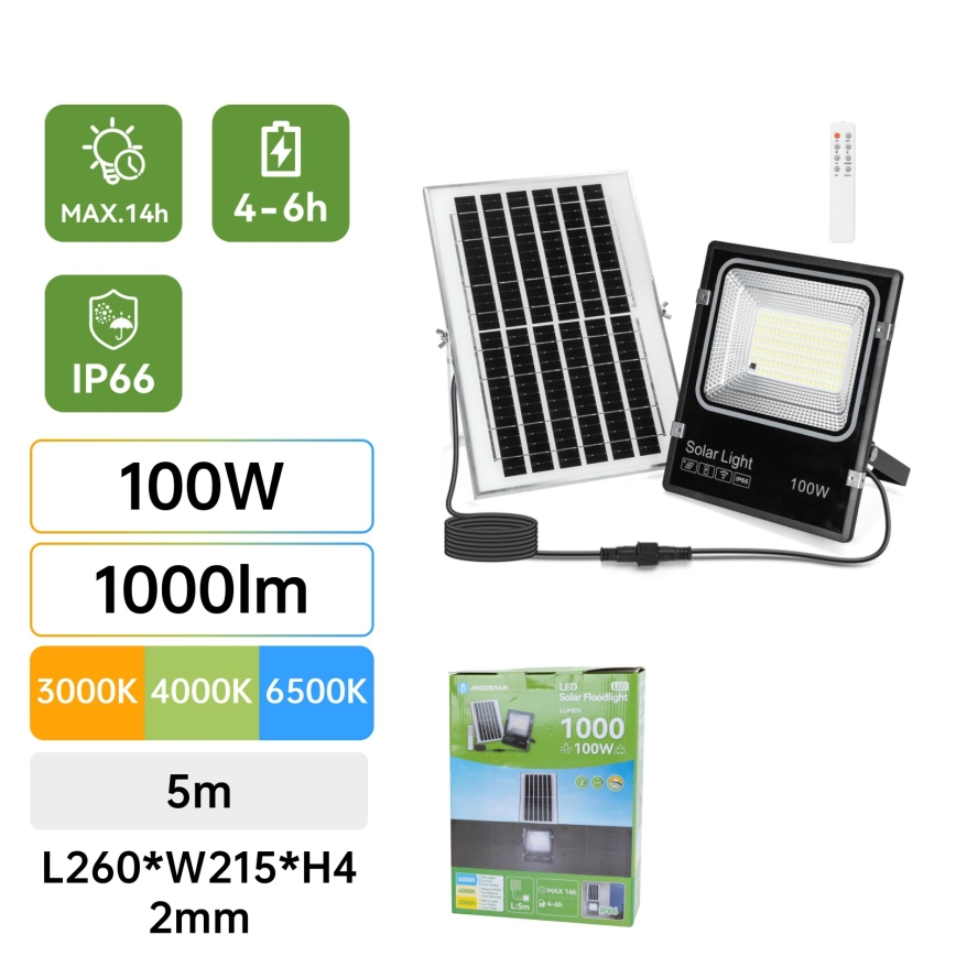 Aigostar - Ηλιακός προβολέας LED/100W/3,2V 2000mAh 3000K/4000K/6500K IP66 + τηλεχειριστήριο