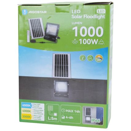 Aigostar - Ηλιακός προβολέας LED/100W/3,2V 2000mAh 3000K/4000K/6500K IP66 + τηλεχειριστήριο