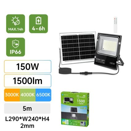 Aigostar - Ηλιακός LED προβολέας LED/150W/3,2V 3000mAh 3000K/4000K/6500K IP66 + τηλεχειριστήριο