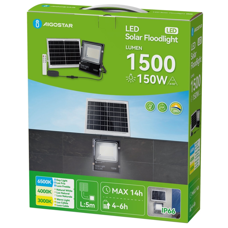 Aigostar - Ηλιακός LED προβολέας LED/150W/3,2V 3000mAh 3000K/4000K/6500K IP66 + τηλεχειριστήριο