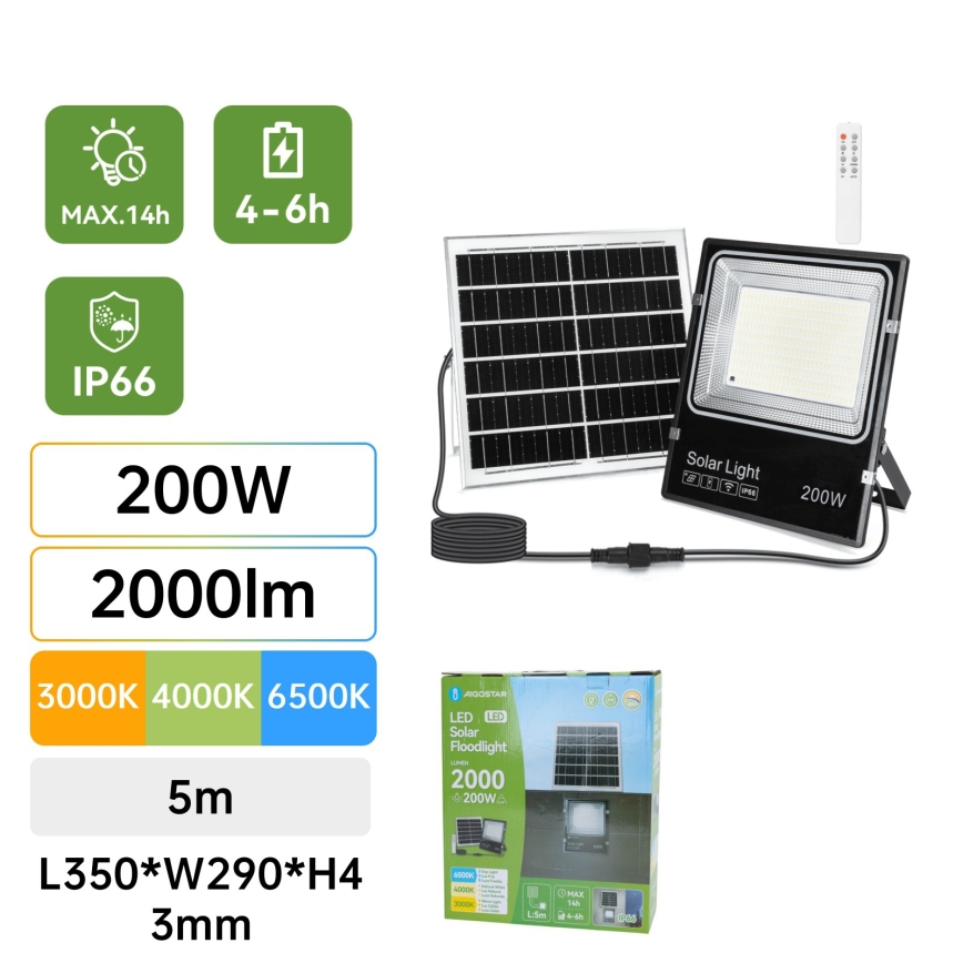 Aigostar - LED ηλιακός προβολέας LED/200W/3,2V 3600mAh 3000K/4000K/6500K IP66 + τηλεχειριστήριο