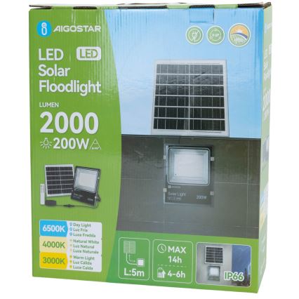 Aigostar - LED ηλιακός προβολέας LED/200W/3,2V 3600mAh 3000K/4000K/6500K IP66 + τηλεχειριστήριο