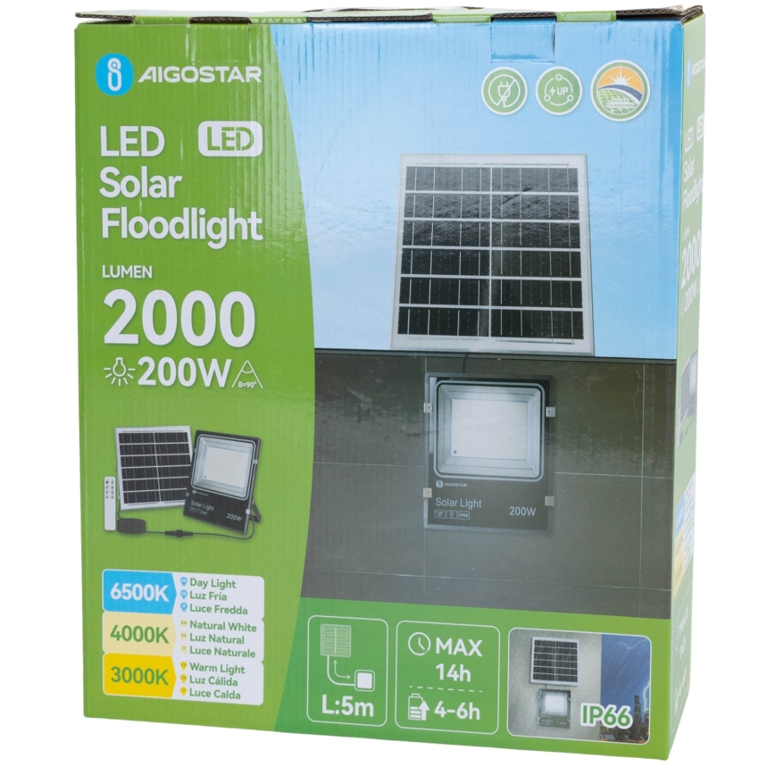 Aigostar - LED ηλιακός προβολέας LED/200W/3,2V 3600mAh 3000K/4000K/6500K IP66 + τηλεχειριστήριο