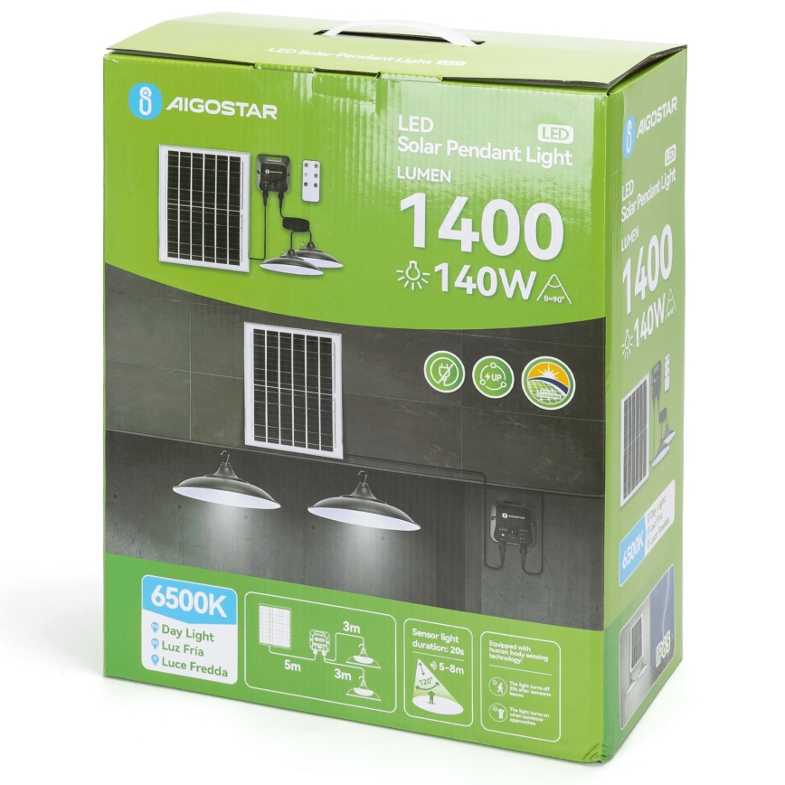 Aigostar - Ηλιακός πολυέλαιος LED με αισθητήρα 2xLED/70W/12V 12000 mAh 6500K IP65 Ø 23,5 cm + τηλεχειριστήριο