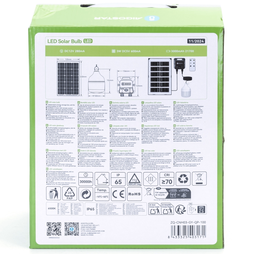 Aigostar - Ηλιακό LED φωτιστικό με αισθητήρα LED/35W/12V 3000 mAh 6500K IP65 διάμ. 10 cm + τηλεχειριστήριο
