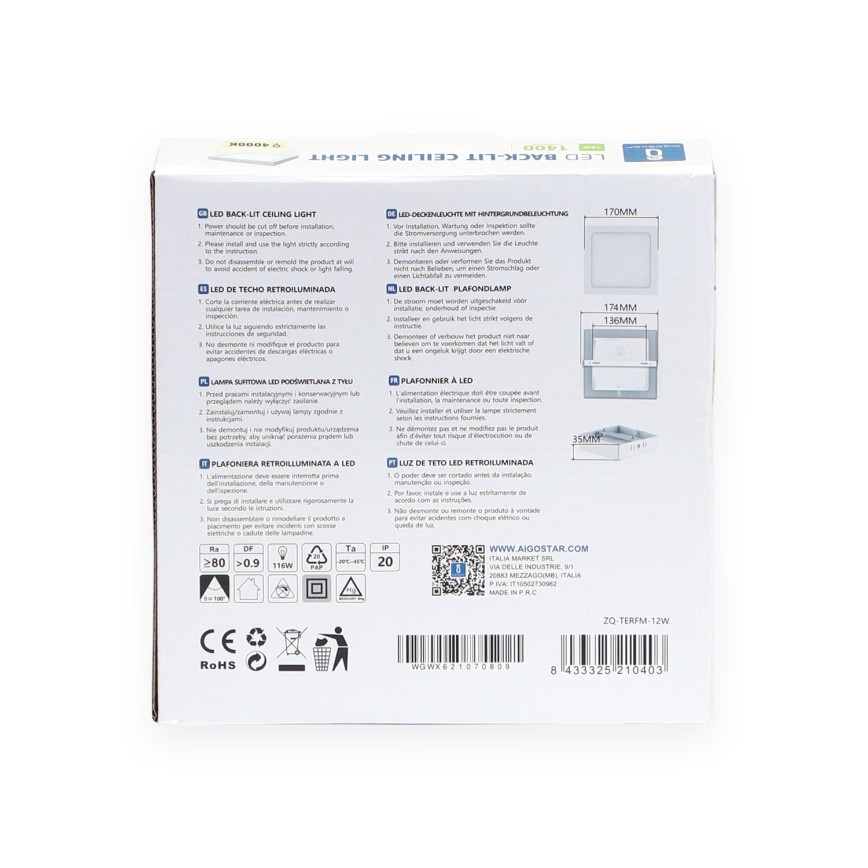 Aigostar - LED Πλαφονιέρα οροφής LED/12W/230V 17,3x17,3 cm 4000K λευκό