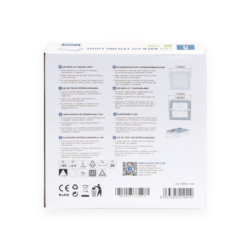 Aigostar - LED Πλαφονιέρα οροφής LED/12W/230V 17,3x17,3 cm 6500K λευκό