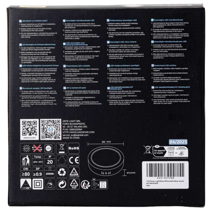 Aigostar - LED Πλαφονιέρα οροφής LED/18W/230V διάμετρος 22,6 cm 4000K λευκό