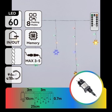 Aigostar - LED Ρυθμιζόμενη εξωτερική χριστουγεννιάτικη γιρλάντα 60xLED/8 λειτουργίες 6x0,7 m IP44 πολύχρωμη + τηλεχειριστήριο