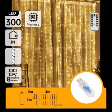 Aigostar - LED ρυθμιζόμενη χριστουγεννιάτικη γιρλάντα 300xLED/8 λειτουργίες USB 6x3m θερμό λευκό + τηλεχειριστήριο