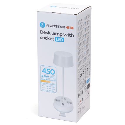 Aigostar - Ρυθμιζόμενο LED επιτραπέζιο φωτιστικό με ενσωματωμένες πρίζες και θύρα USB LED/4,6W/230V 3000/4000/6500K λευκό